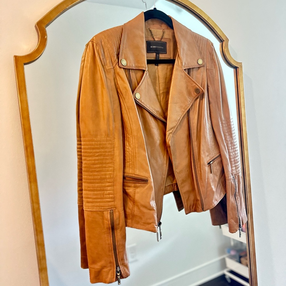 BCBGMAXAZRIA Brown Leather Moto Jacket